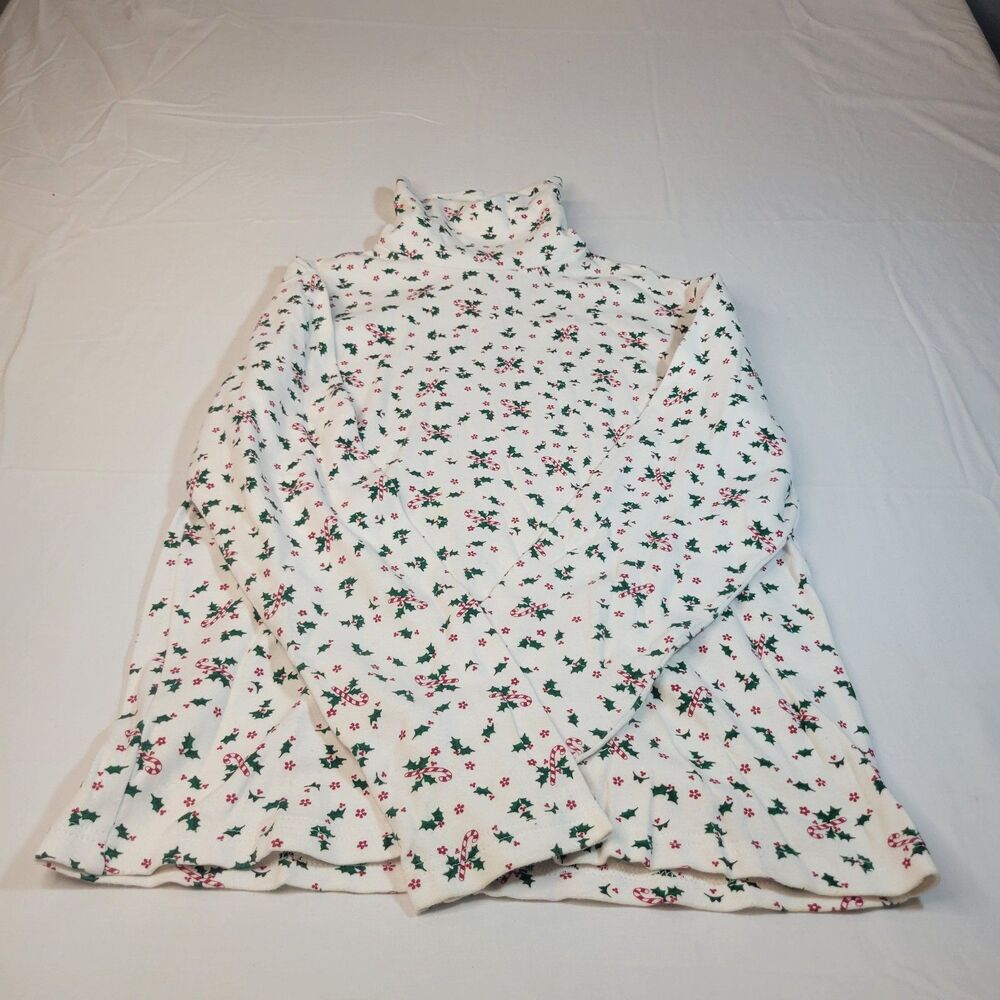 [Holiday Edition] Womens Turtleneck Top White Cotton Candy Cane Holly Berry S